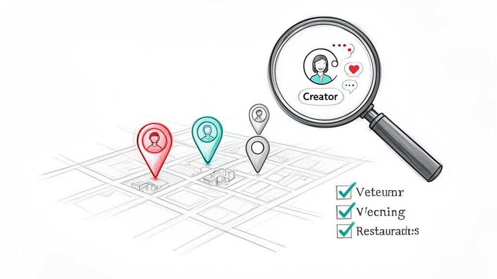 Magnifying glass identifies a 'Creator' profile on a map with location pins, targeting businesses like restaurants.