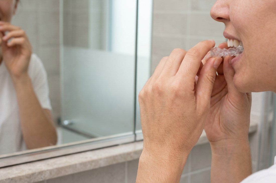 Person placing a clear aligner onto their teeth in front of a mirror