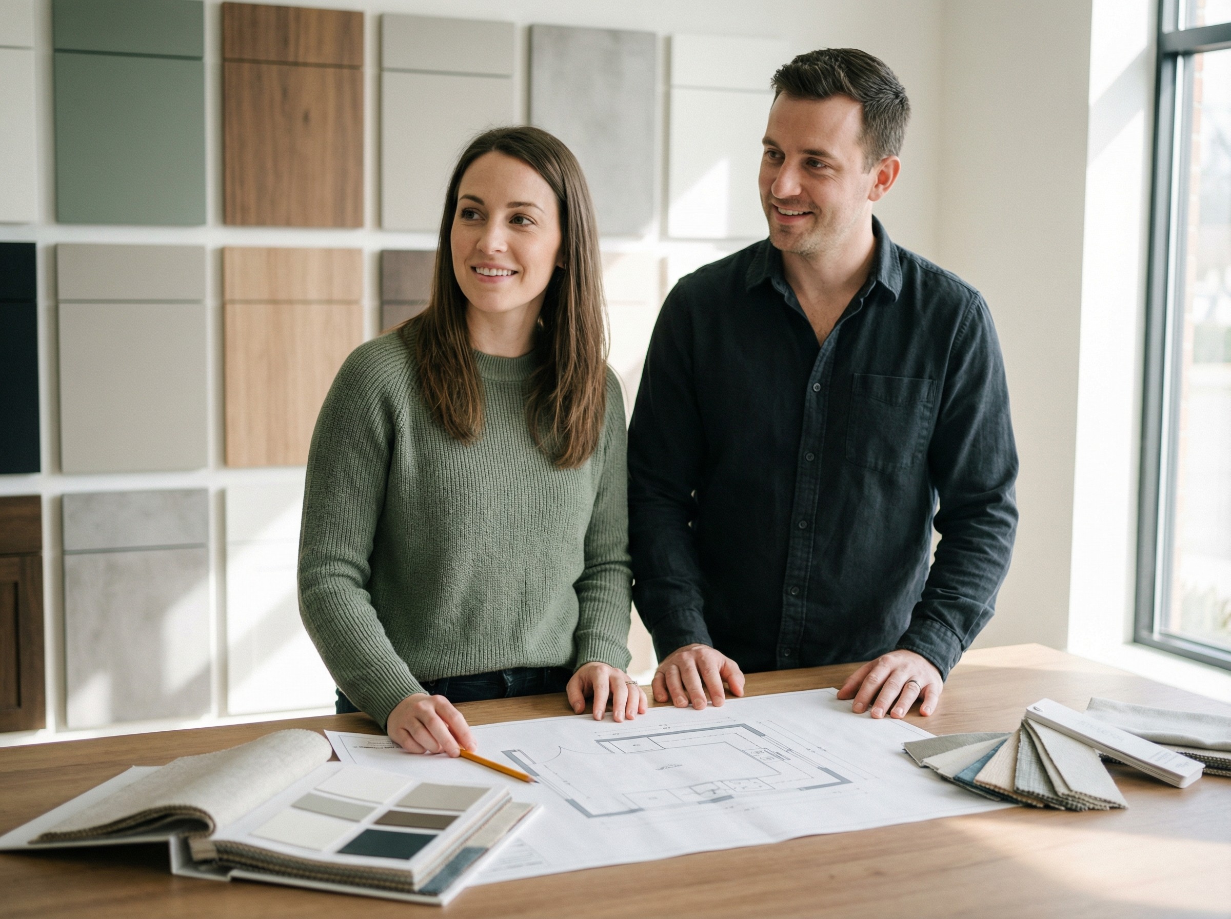 Ein Planungsplatz mit Stühlen gegenüber, auf dem Tisch liegen Grundrisse, Farbfächer und ein Bleistift. Zwei Personen lehnen sich über den Plan und diskutieren einen Küchenwinkel. Im Hintergrund stehen Musterfronten in verschiedenen Oberflächen. Das Licht ist klar und einladend.