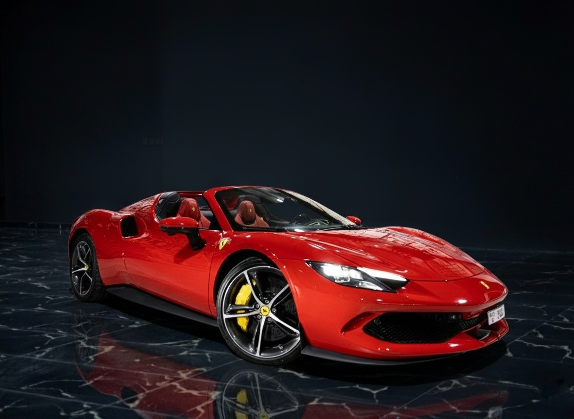 Ferrari 296 GTS 2024 red front exterior showing aggressive hybrid supercar design, available for luxury rental in Dubai.