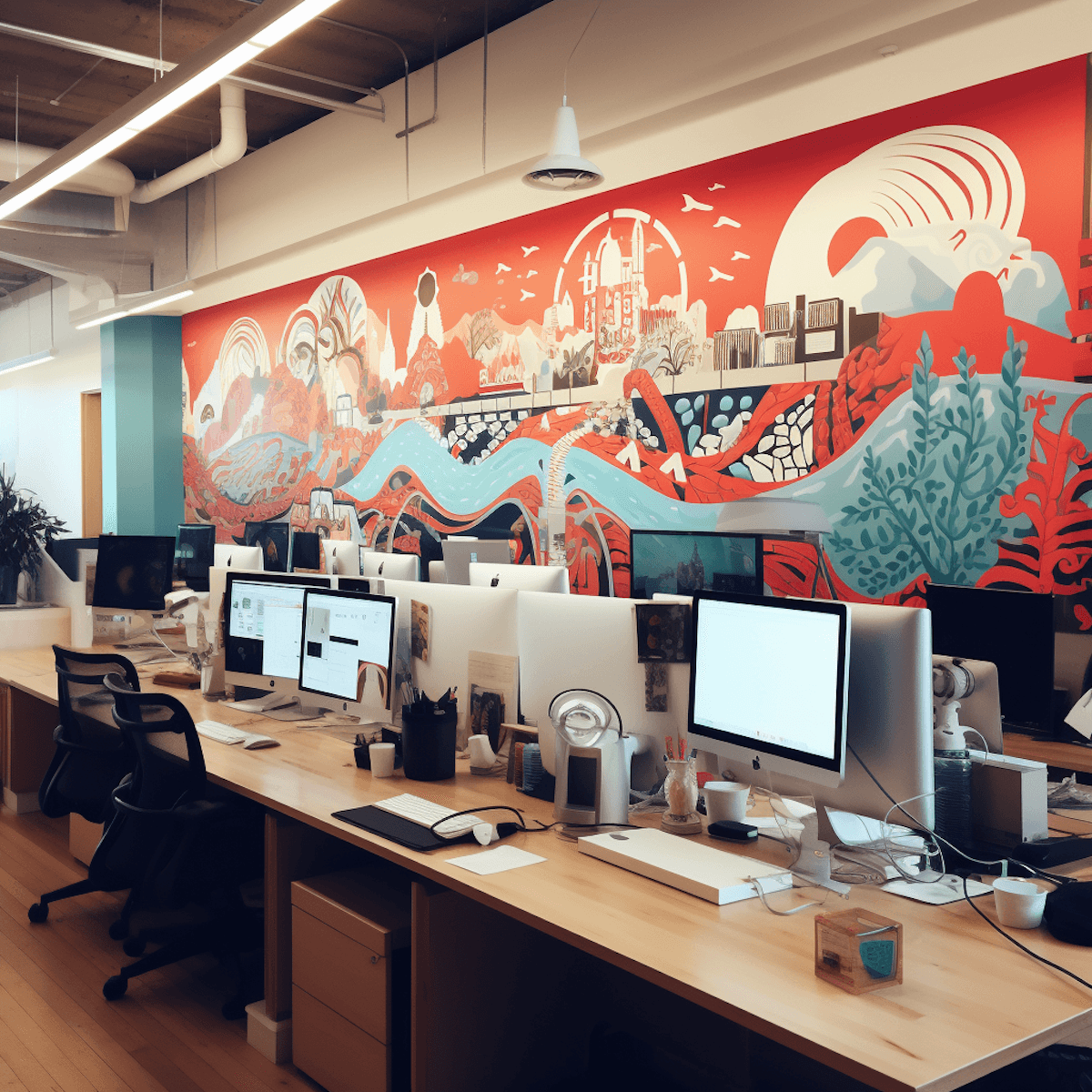 AI automation platform showcasing a collaborative office space with multiple workstations and a creative wall design in a clean environment.