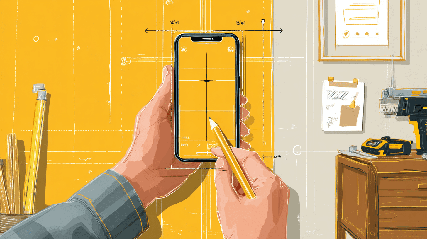 Safety infographic showing proper wall scanning technique with iPhone and marking stud locations with pencil