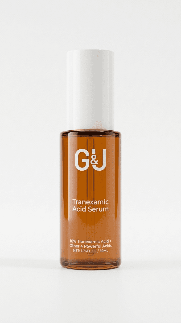 Amber glass bottle of G&J Tranexamic Acid Serum with a white cap, containing 10% tranexamic acid. The design is minimal and clean.
