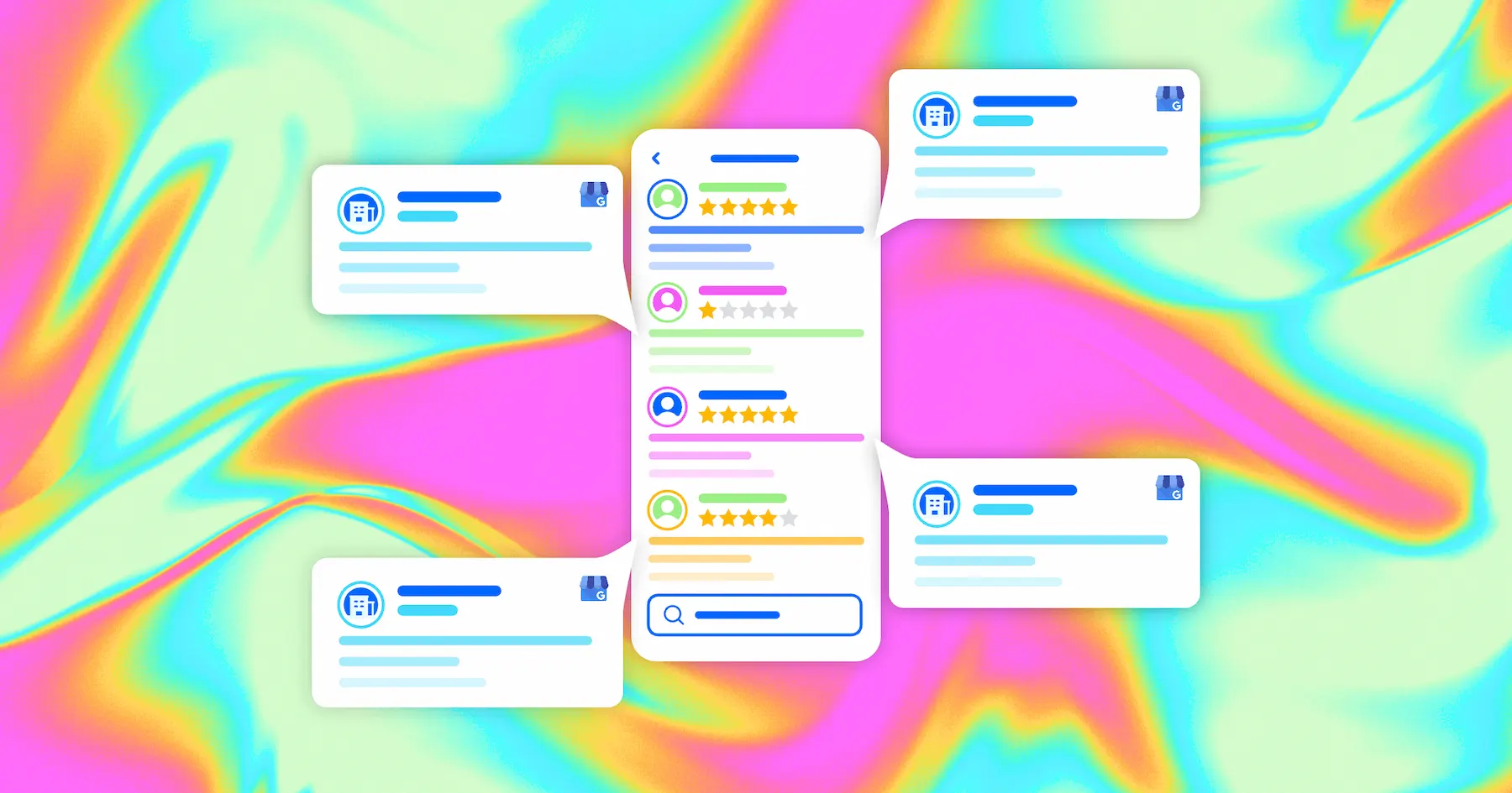 A mobile layout mockup showing customer reviews with responses from the business.
