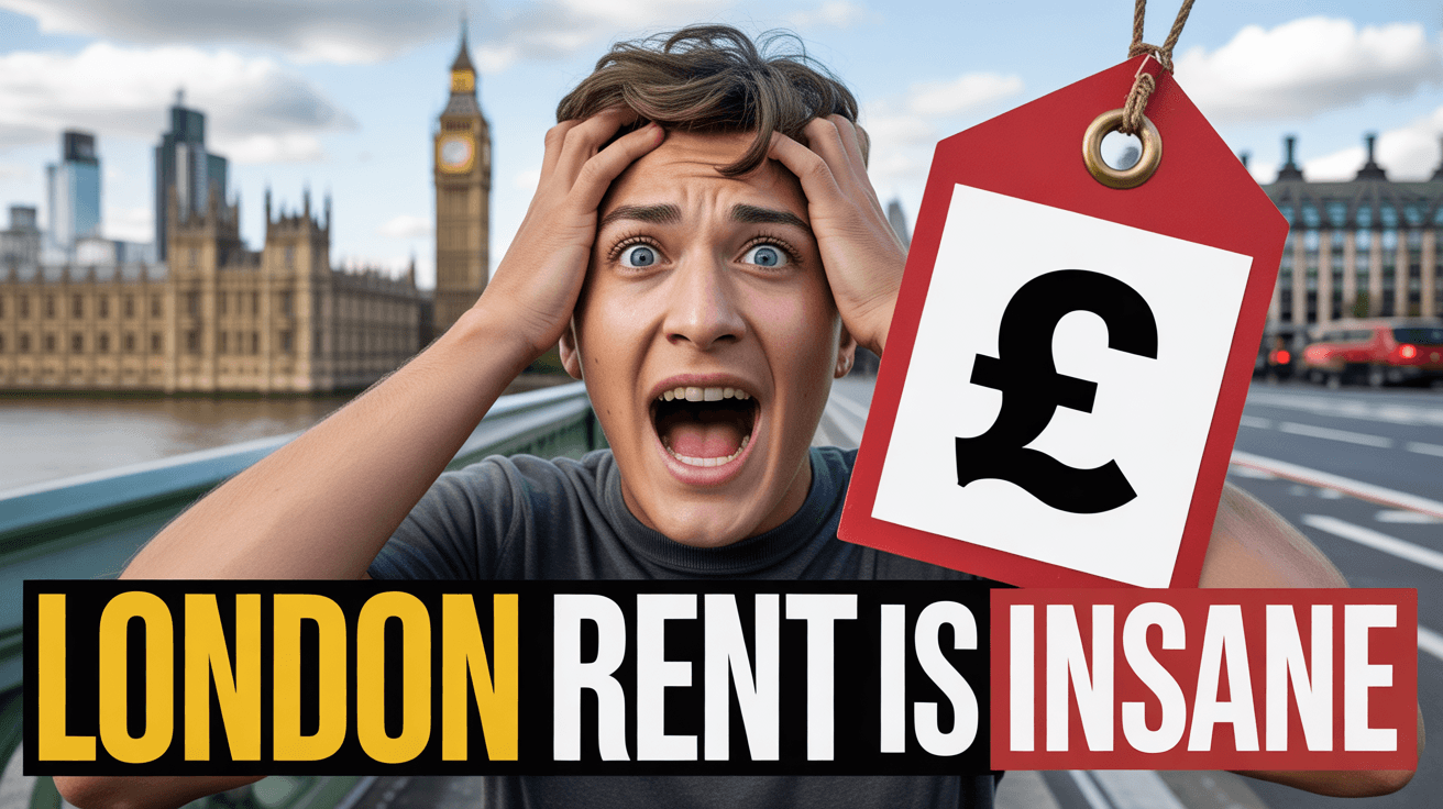 Shocked renter near Big Ben holding large pound price tag with London Rent Is Insane headline