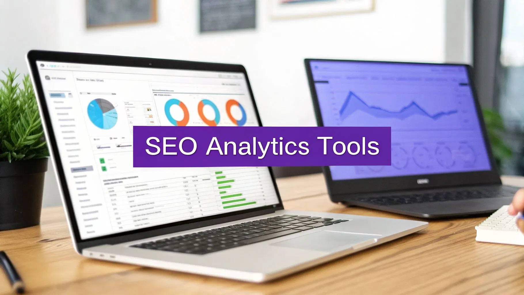 Two laptops displaying interactive SEO analytics dashboards with charts and graphs, illustrating the post-migration performance monitoring process.