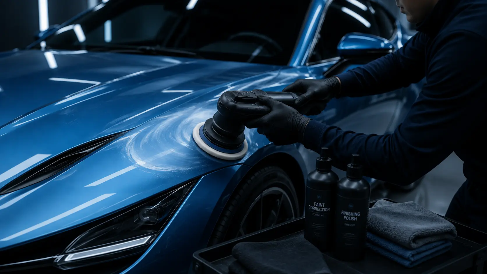 Person sanding a car during paint correction.