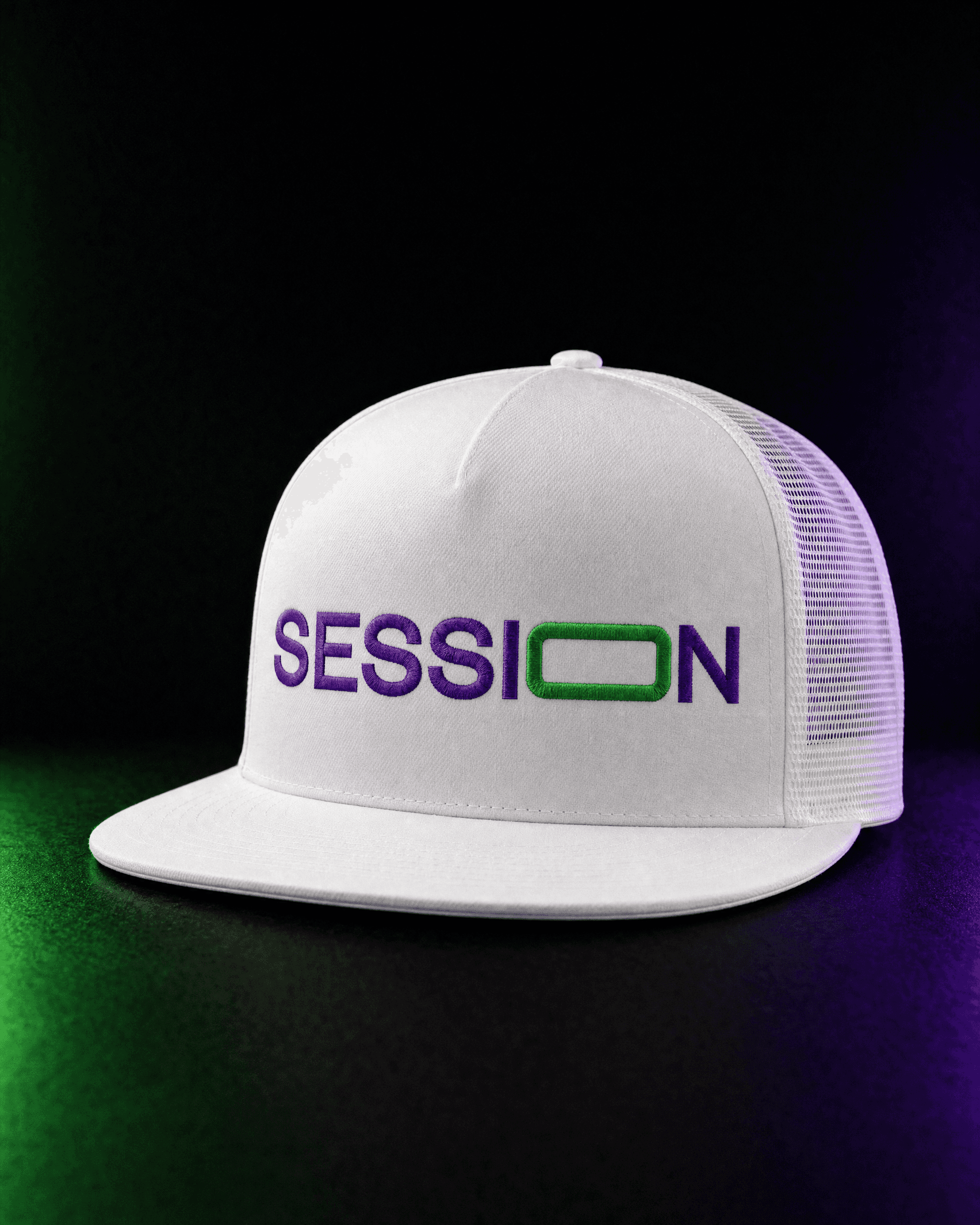 Front of a white Session Zone flat-bill snapback hat with a purple-and-green SESSION logo.
