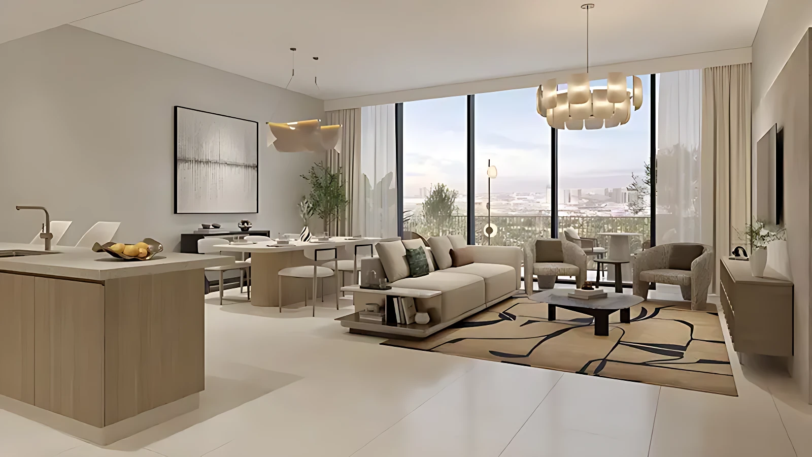 Contemporary living room with an integrated kitchen and dining space, situated in Dana Expo City.