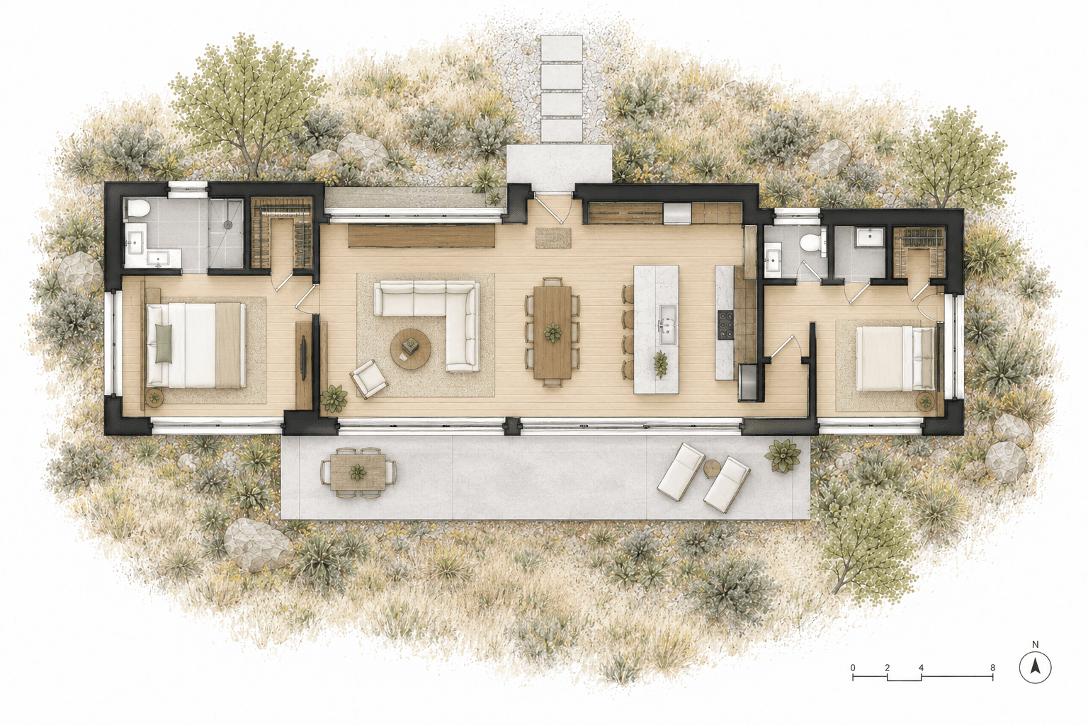 Illustrated floor plan of a long single-story modular home with two bedrooms, open living spaces, outdoor patios, and native valley landscaping.