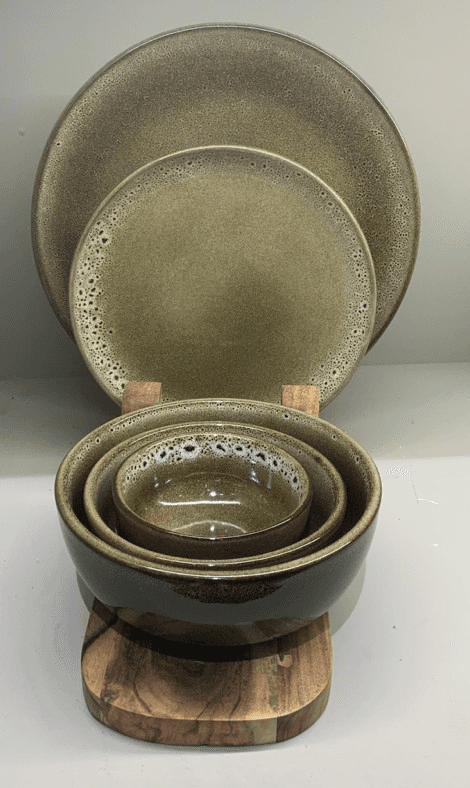 Earth tone speckled ceramic dinner plates and bowls set