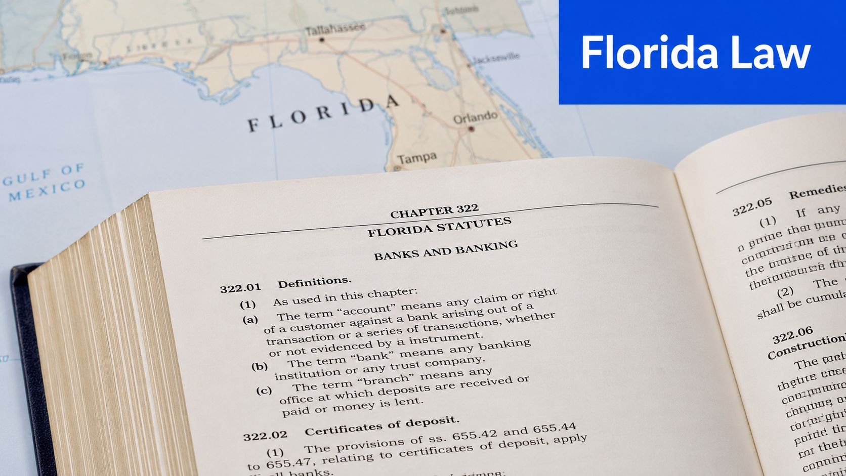 A close-up of a printed legal document titled Florida Statutes open to Chapter 322 Banks and Banking.