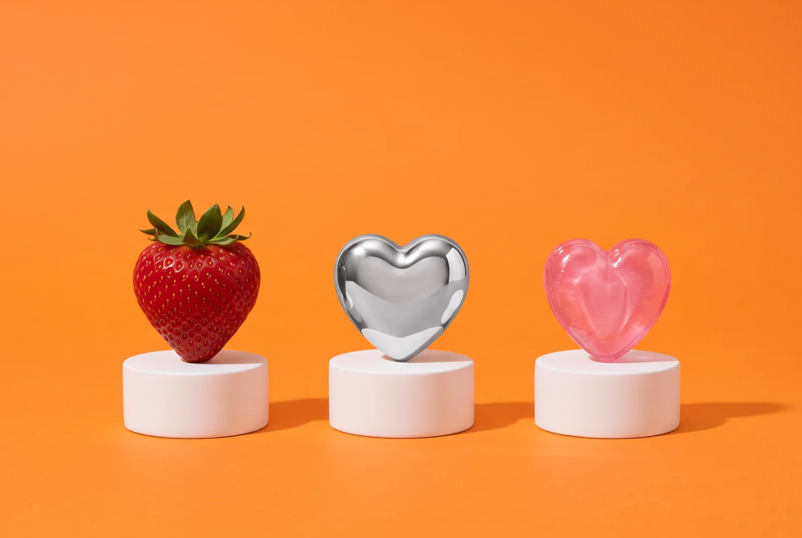 A strawberry heart, a chrome heart and a glass candy heart on pedestals, comparing AI, porn and affairs: is it cheating if it's AI