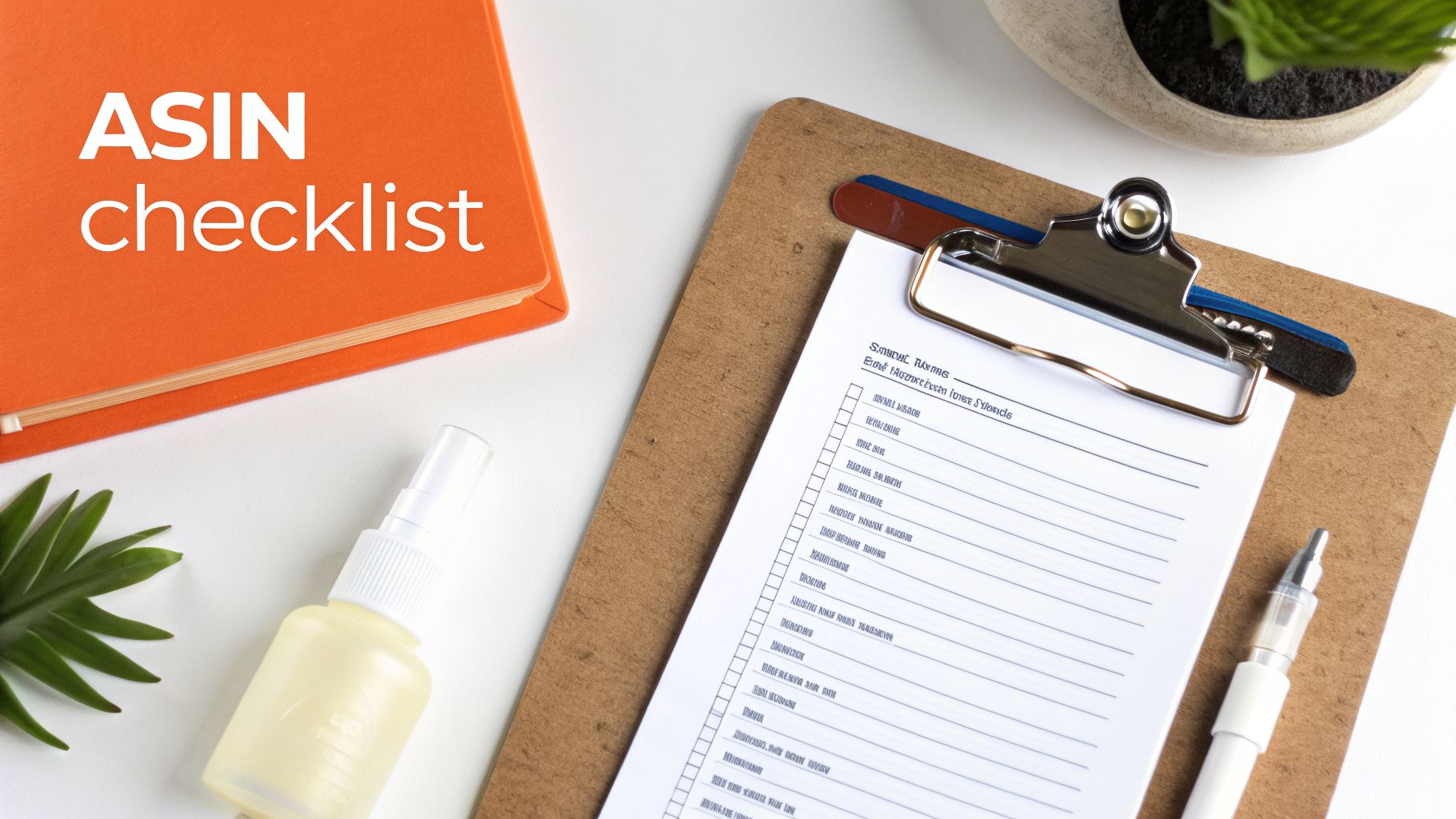 A top-down view of an orange ASIN checklist notebook, a clipboard, pen, and a plant on a white desk.