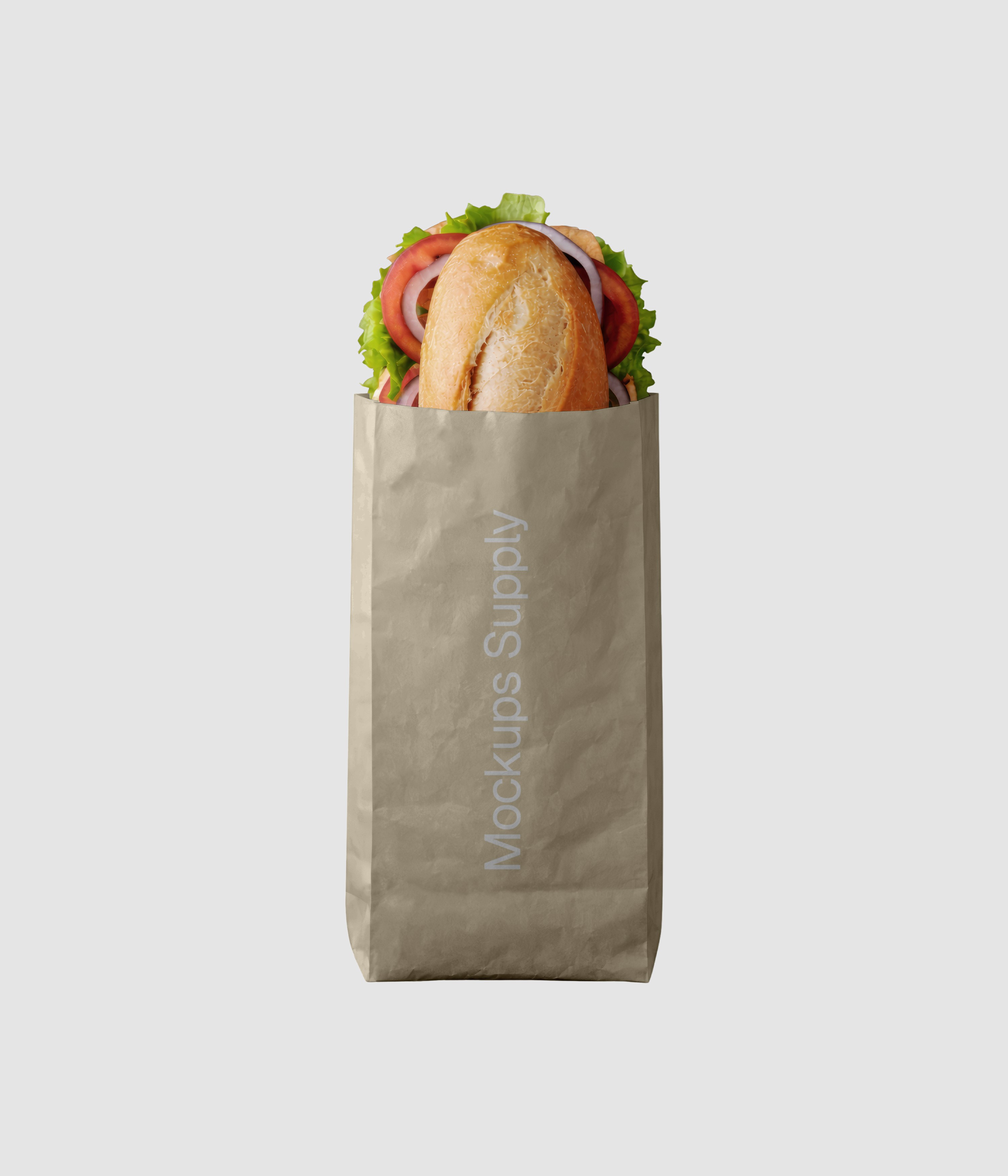 Baguette sandwich in beige paper bag mockup on gray background for Photoshop download psd