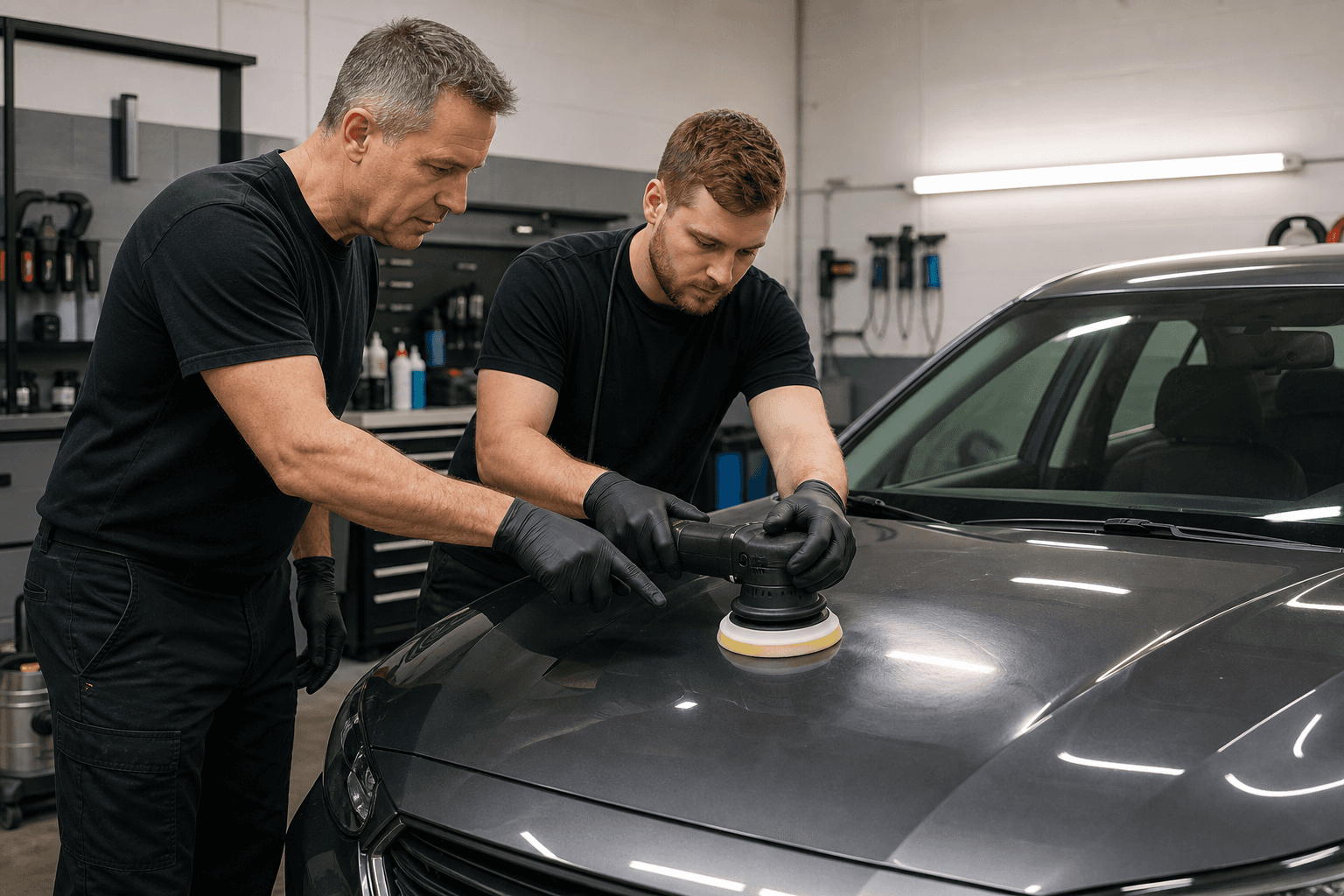 Car detailing instructor guiding a student using a dual-action polisher on a vehicle hood