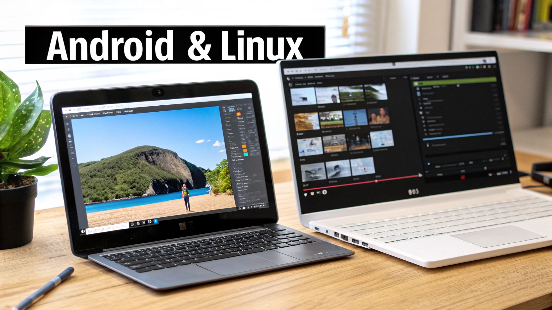 Two laptops on a desk, one displaying an image, the other showing video editing software, with 'Android & Linux' text.
