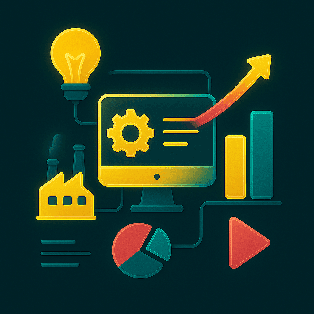 Gear, bulb, and interface window representing SaaS development strategy for industrial innovation tools