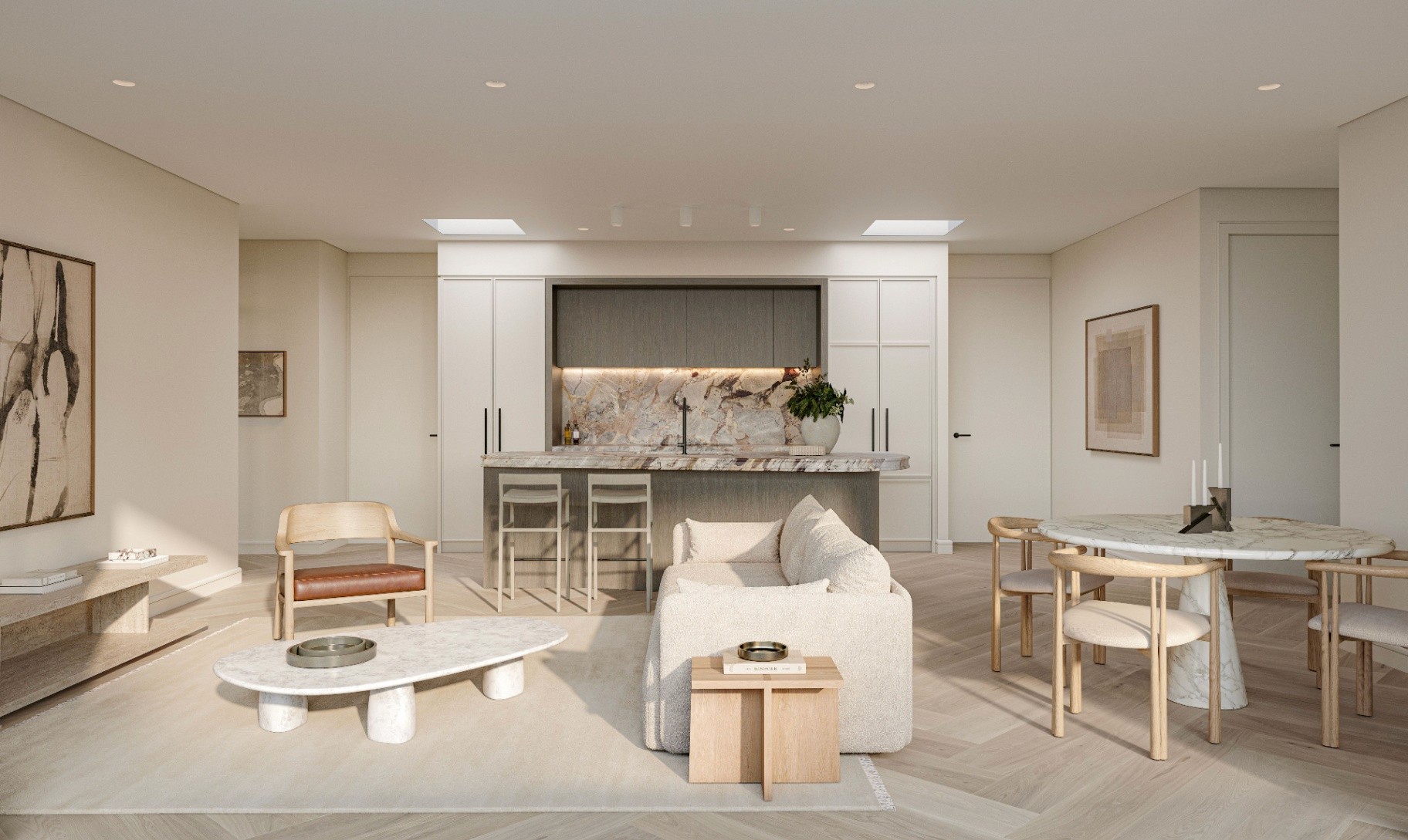 Open-plan living and kitchen at Fletcher House Artarmon featuring stone island bench, premium joinery and spacious layout, buy off the plan with Coposit.