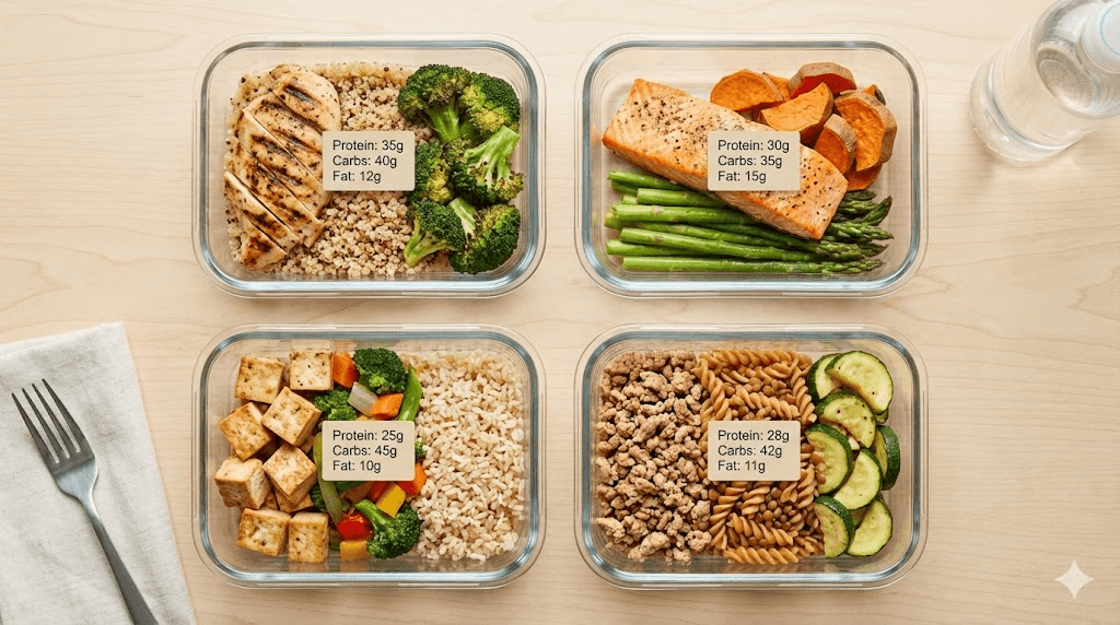 Semaglutide meal prep containers showing balanced nutrition with protein targets