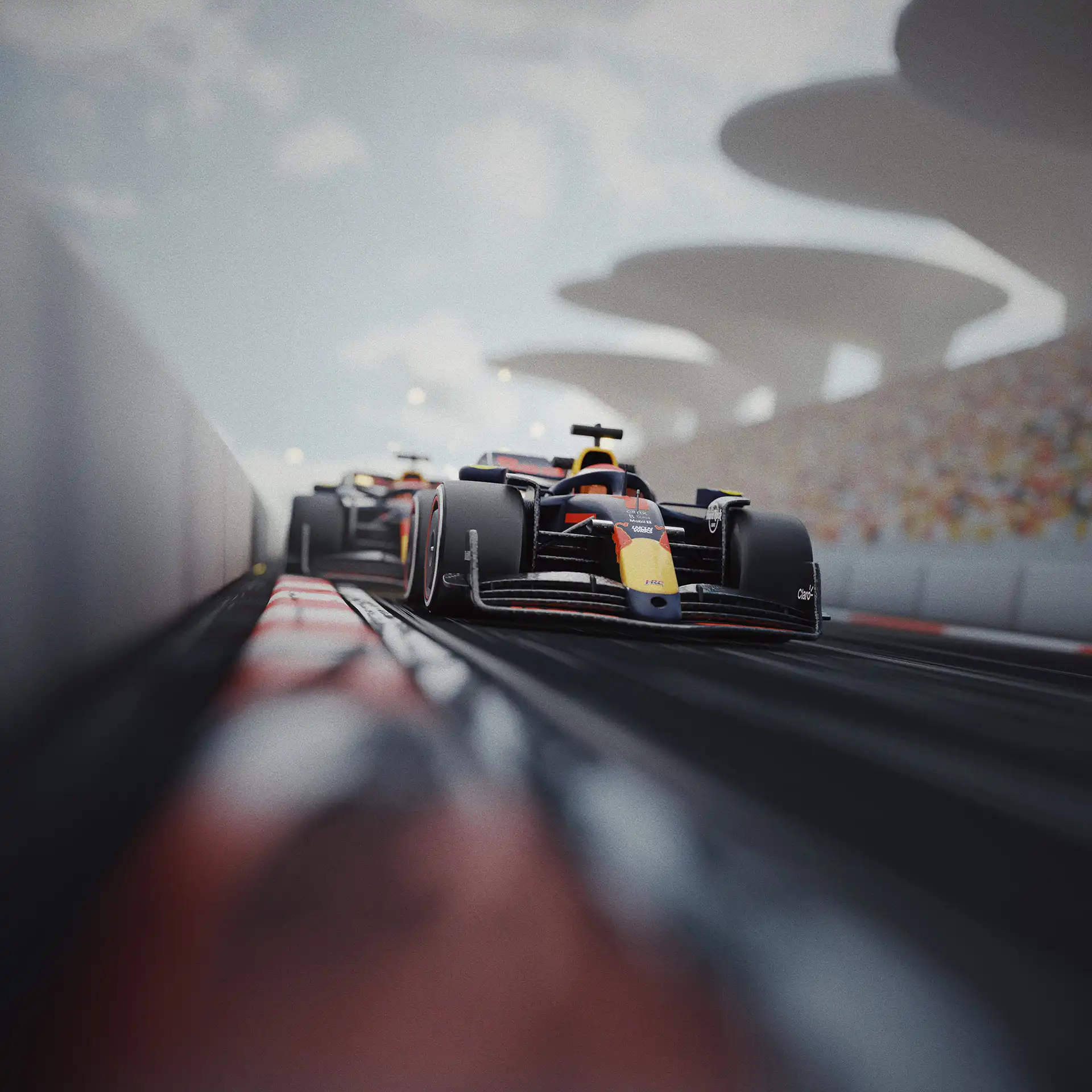 A digital rendering of a black, red, and yellow race car on a track.