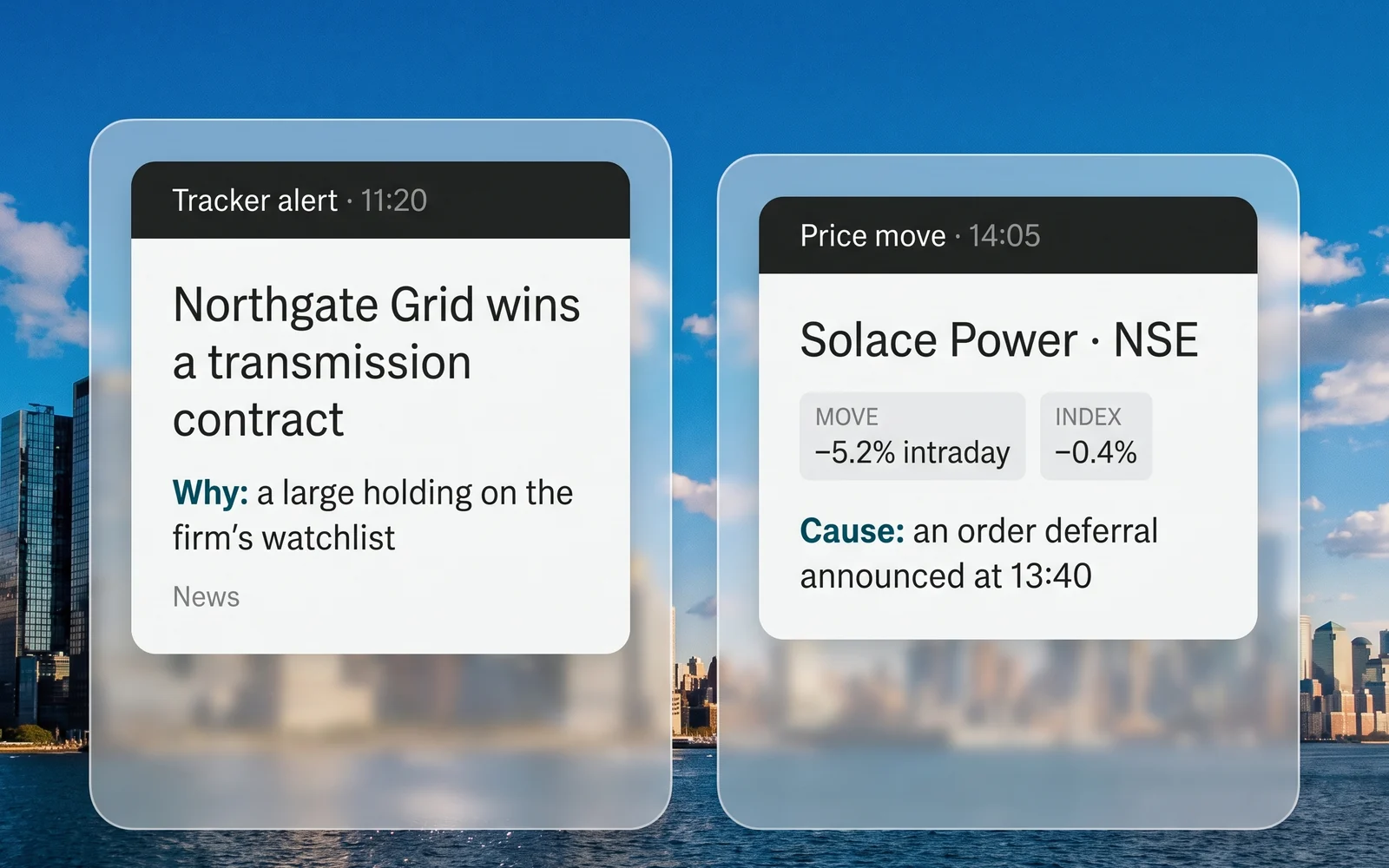 Two alerts on names clients hold: a tracker alert with the reason it matters, and a price move shown against the index with its cause