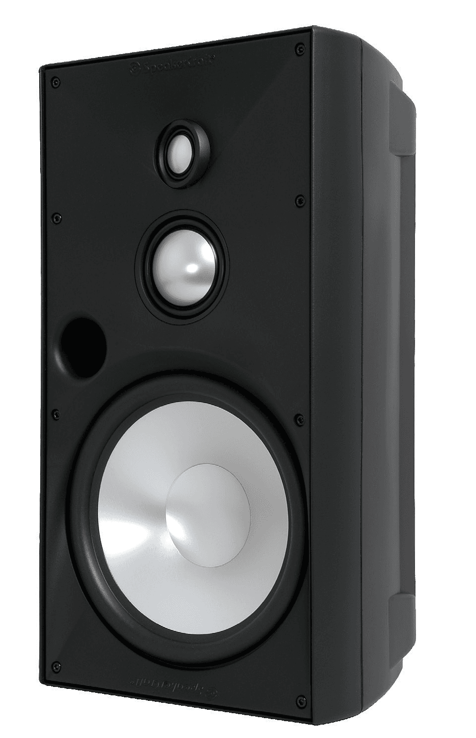 Black outdoor speaker with silver woofer and tweeter