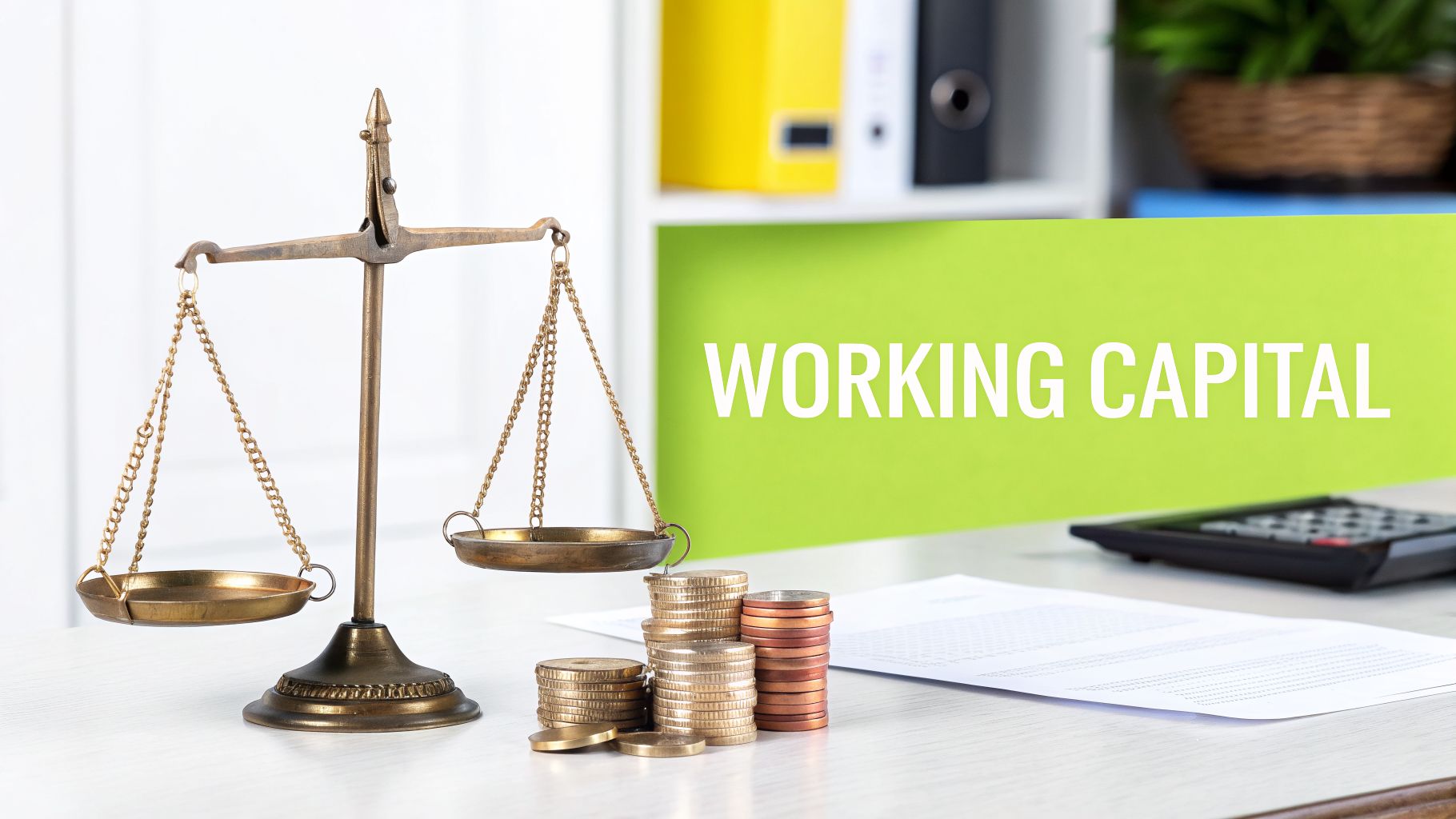 A balance scale, stacks of coins, and a 'WORKING CAPITAL' sign on a desk, symbolizing finance.