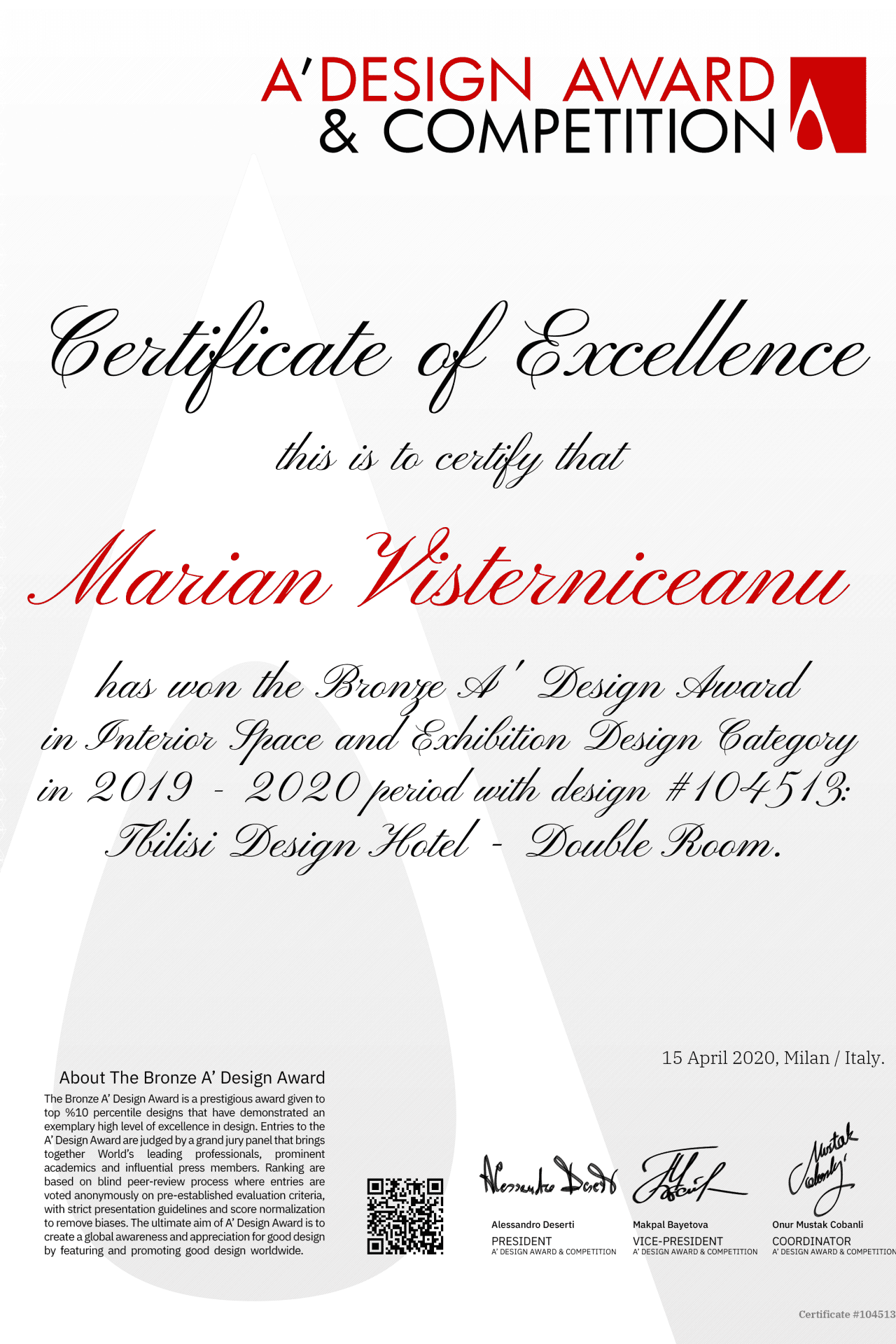 A’ Design Award Certificate of Excellence, Bronze, Interior Space and Exhibition Design, Tbilisi Design Hotel double room by Marian Visterniceanu (Marian Vist)