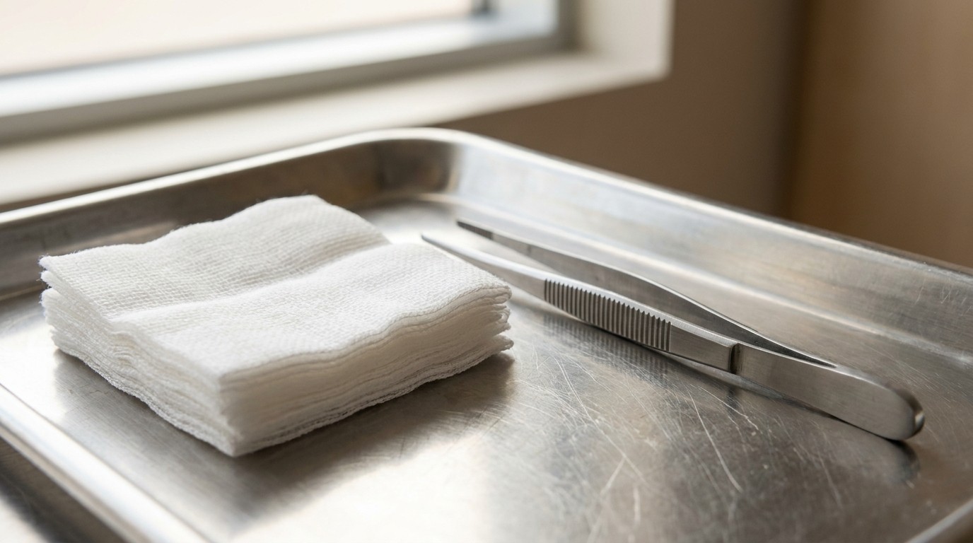Sterile gauze and instruments prepared for an extraction appointment
