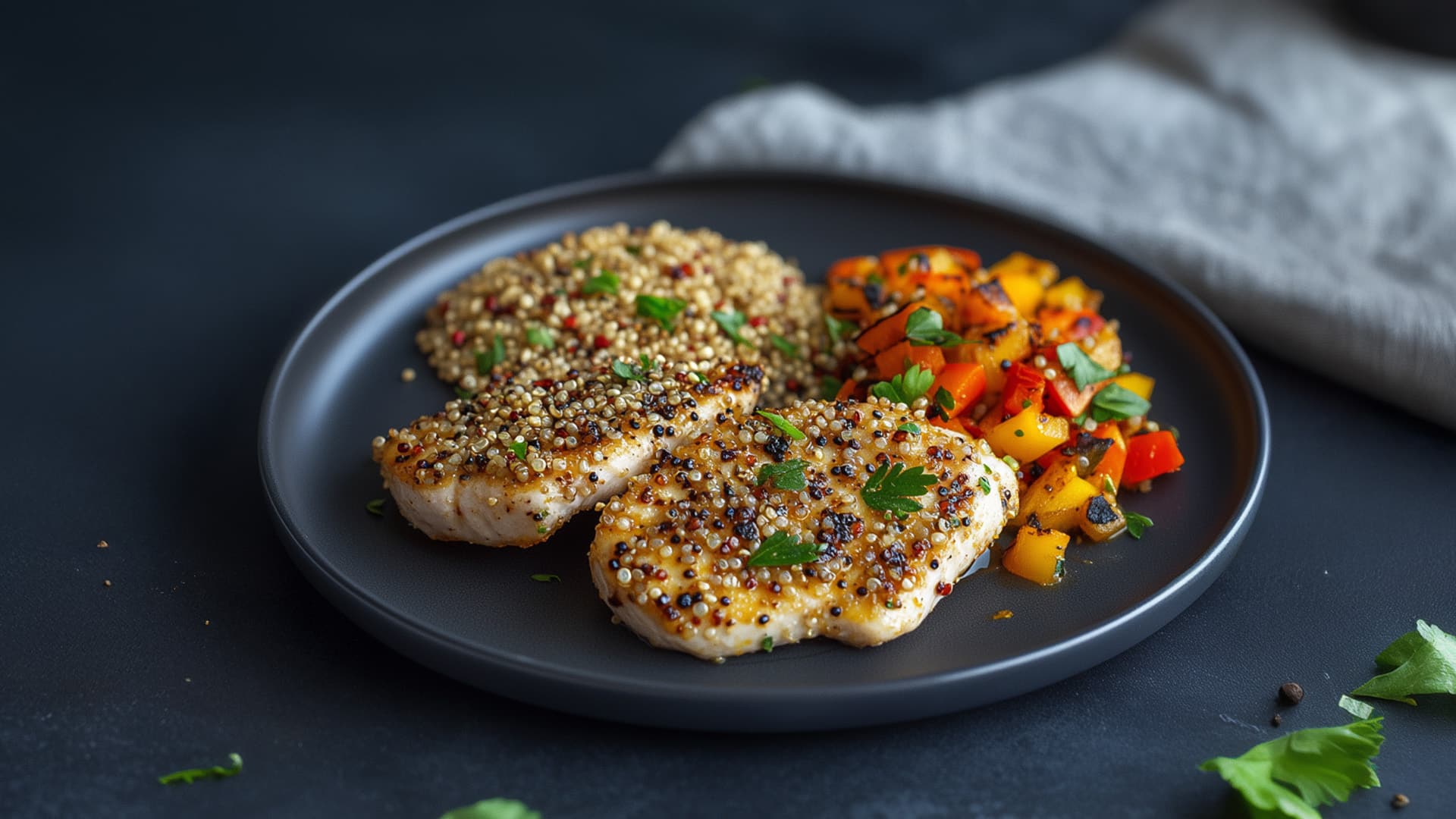 Ein Teller mit gegrilltem Hähnchen in Quinoakruste, serviert mit bunter Paprika und frischen Kräutern – eine perfekte Mahlzeit für den Muskelaufbau.