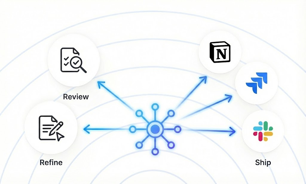 Envelope containing recommendations like “Fix churn spike” and “Action,” symbolizing actionable insights.