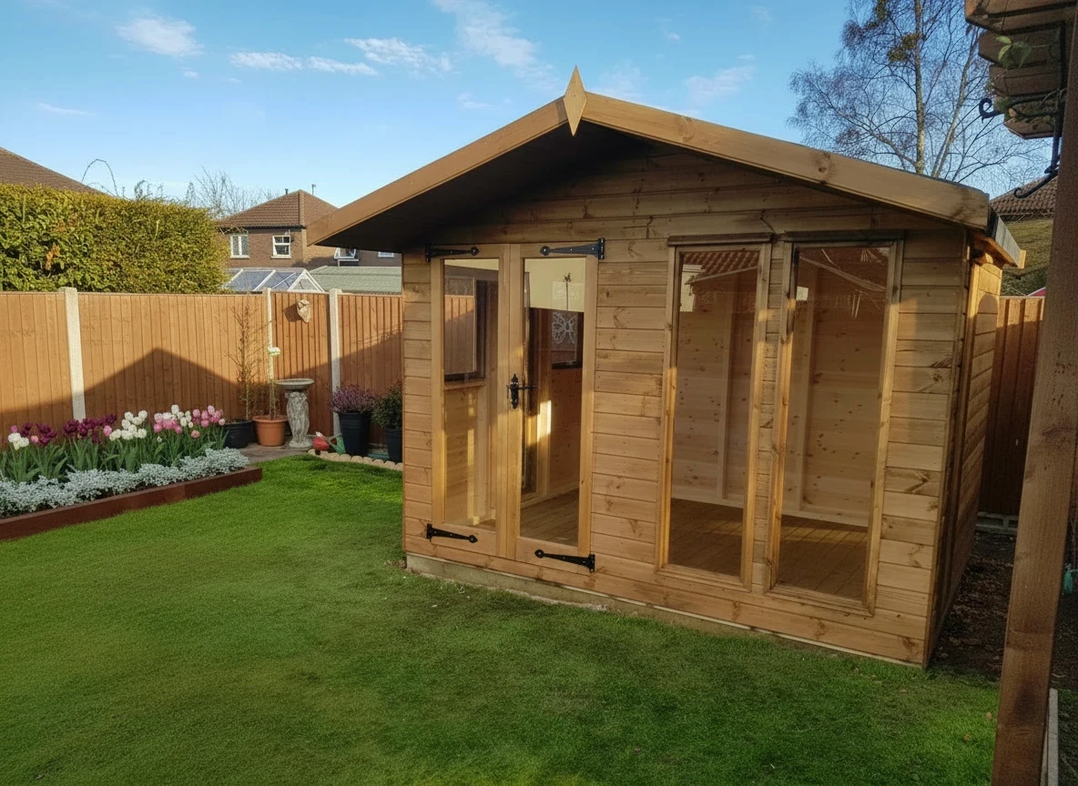 Apex timber summerhouse with full-height glazing