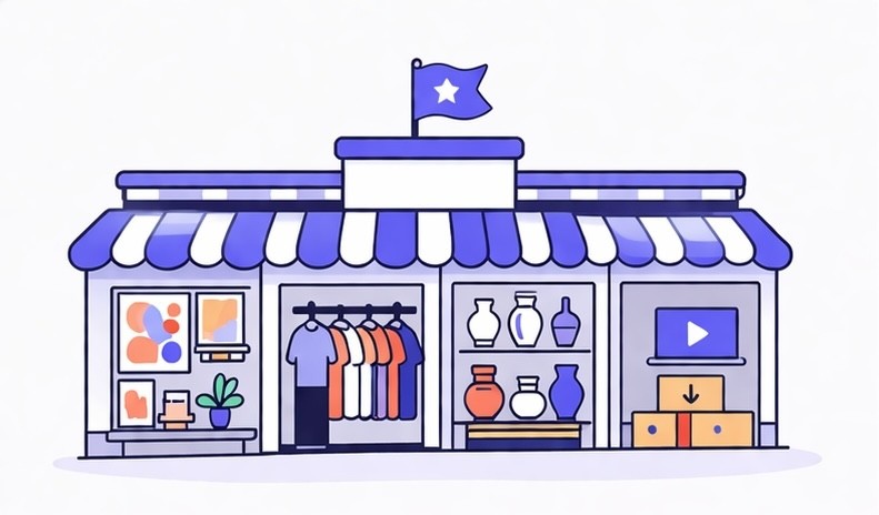 Illustration of a Shopify storefront with multiple vendor stalls inside, showing how a multi-vendor marketplace combines sellers under one store