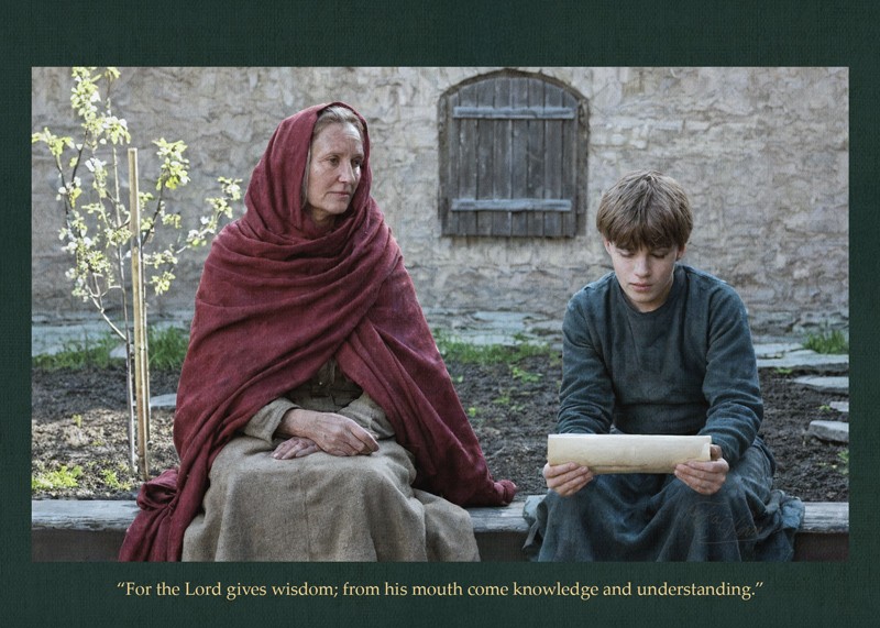 Sacred artwork by Faith and Verse. © Faith and Verse, 2025. All rights reserved. Catholic Saint Ludmila holy card—scene of the saint educating the young Wenceslaus in faith and Scripture—5×7 traditional saint scene by Faith and Verse