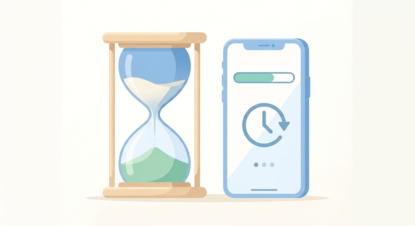 Hourglass beside a phone showing a waiting status, representing an app stuck in review
