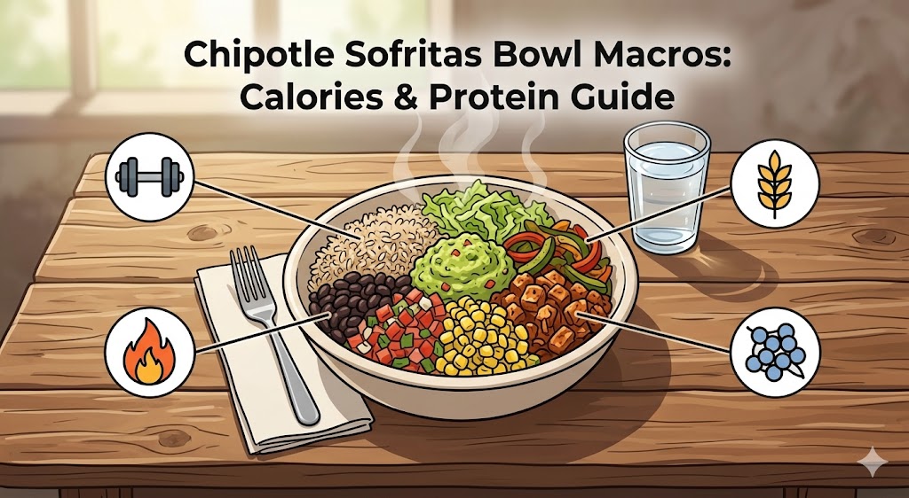 A detailed infographic and illustration of a Chipotle-style Sofritas burrito bowl on a wooden table. The image shows the bowl's ingredients, including brown rice, black beans, pico de gallo, corn salsa, guacamole, fajita vegetables, sofritas tofu, and lettuce, with icons for macros: dumbbell for protein, flame for calories, and a wheat stalk for fiber.