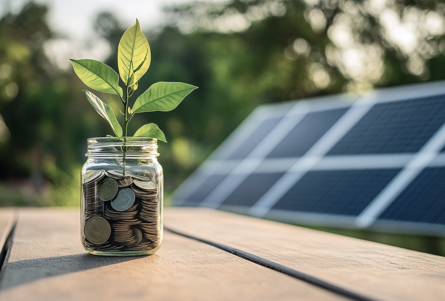 Jar of coins with a seedling growing out, next to a solar panel.