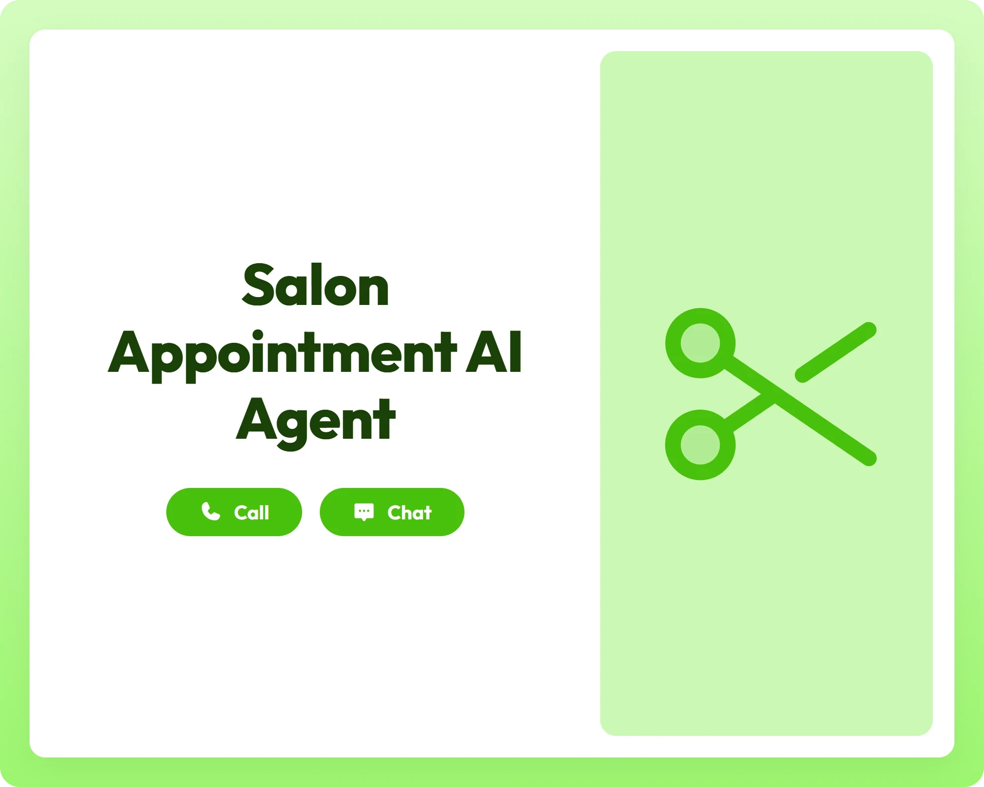 salon appointment ai booking agent offers call and chat support with a scissors icon for easy beauty service scheduling