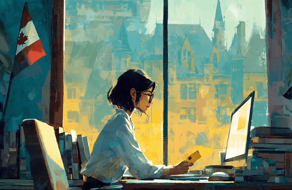 A woman sits in front of a computer and looks at her study permit.