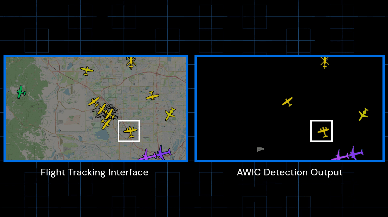 AWIC in action, detecting multiple moving aircraft icons