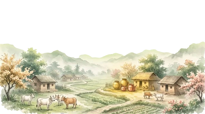 Traditional Indian village landscape representing Vadhanya organic farming and naturally sourced food products