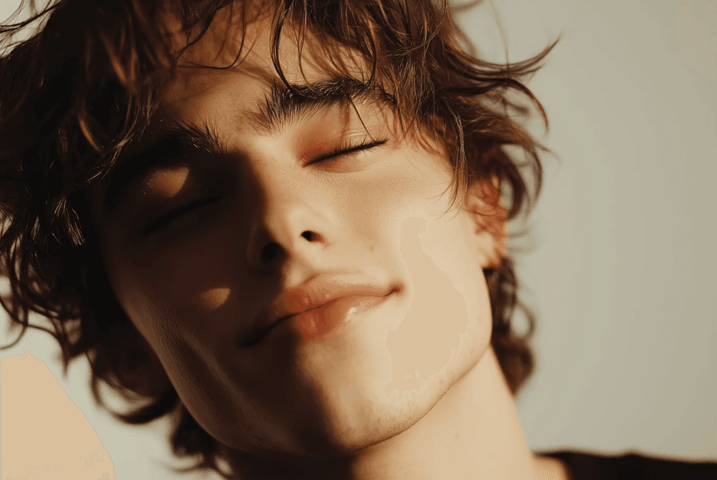 Man with a relaxed, content smile in calm surroundings