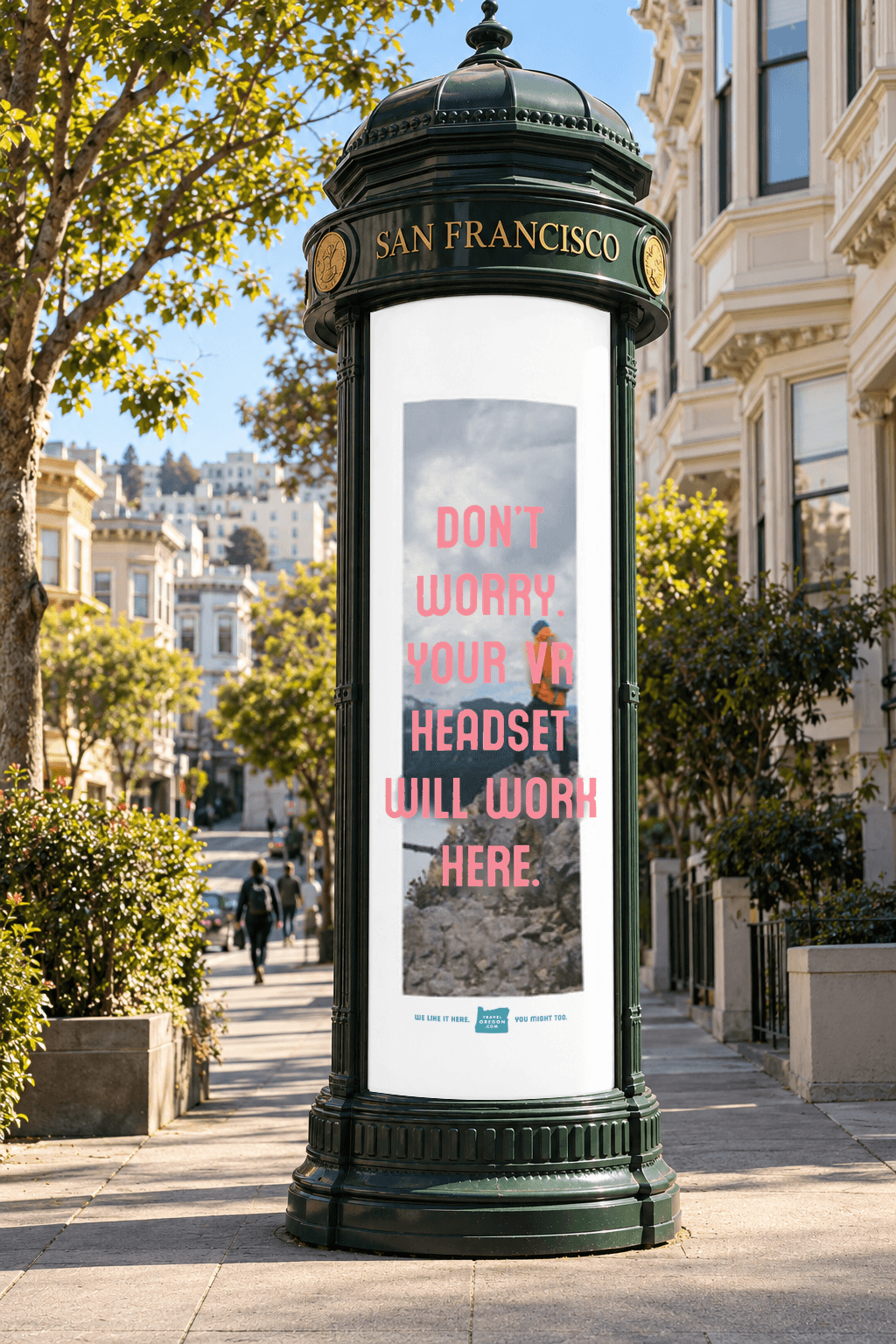 Travel Oregon VR artwork on a curved green San Francisco kiosk