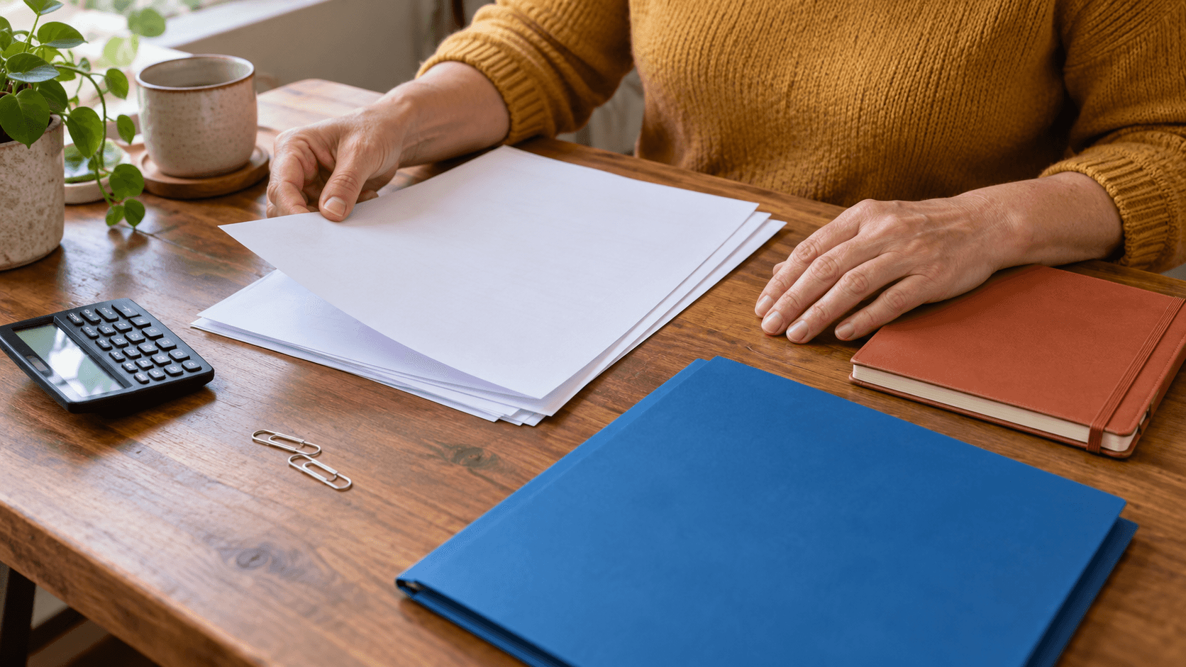 Une personne classe des documents sur un bureau, à côté d’une calculatrice et d’un carnet.