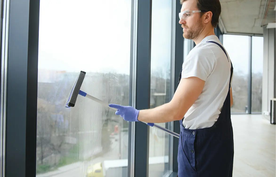 Professionelle Fensterreinigung durch einen Reinigungsmitarbeiter in einem modernen Gebäude.