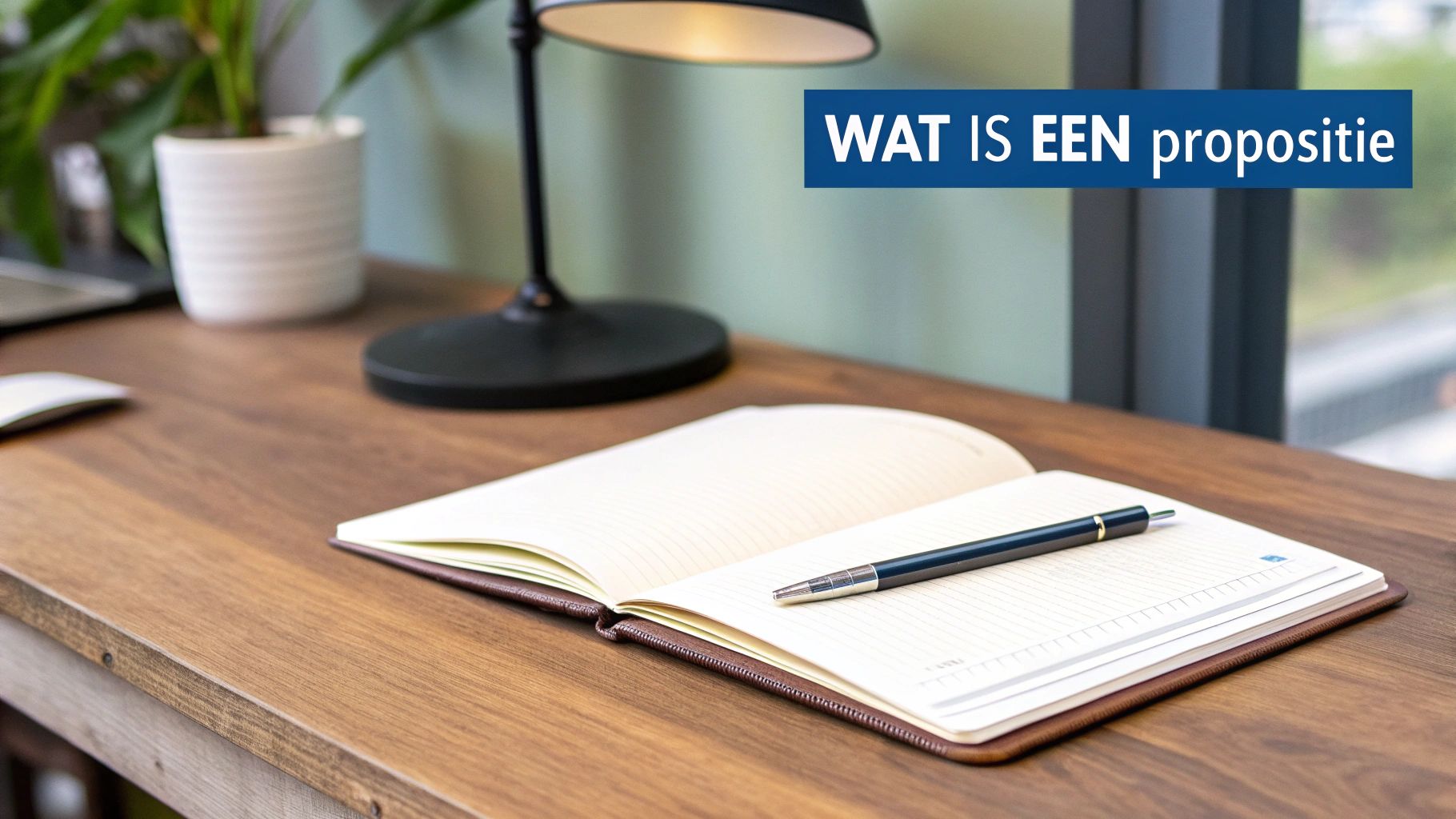 Een houten bureau met een open notitieboekje en een pen, met de tekst 'WAT IS EEN propositie'.