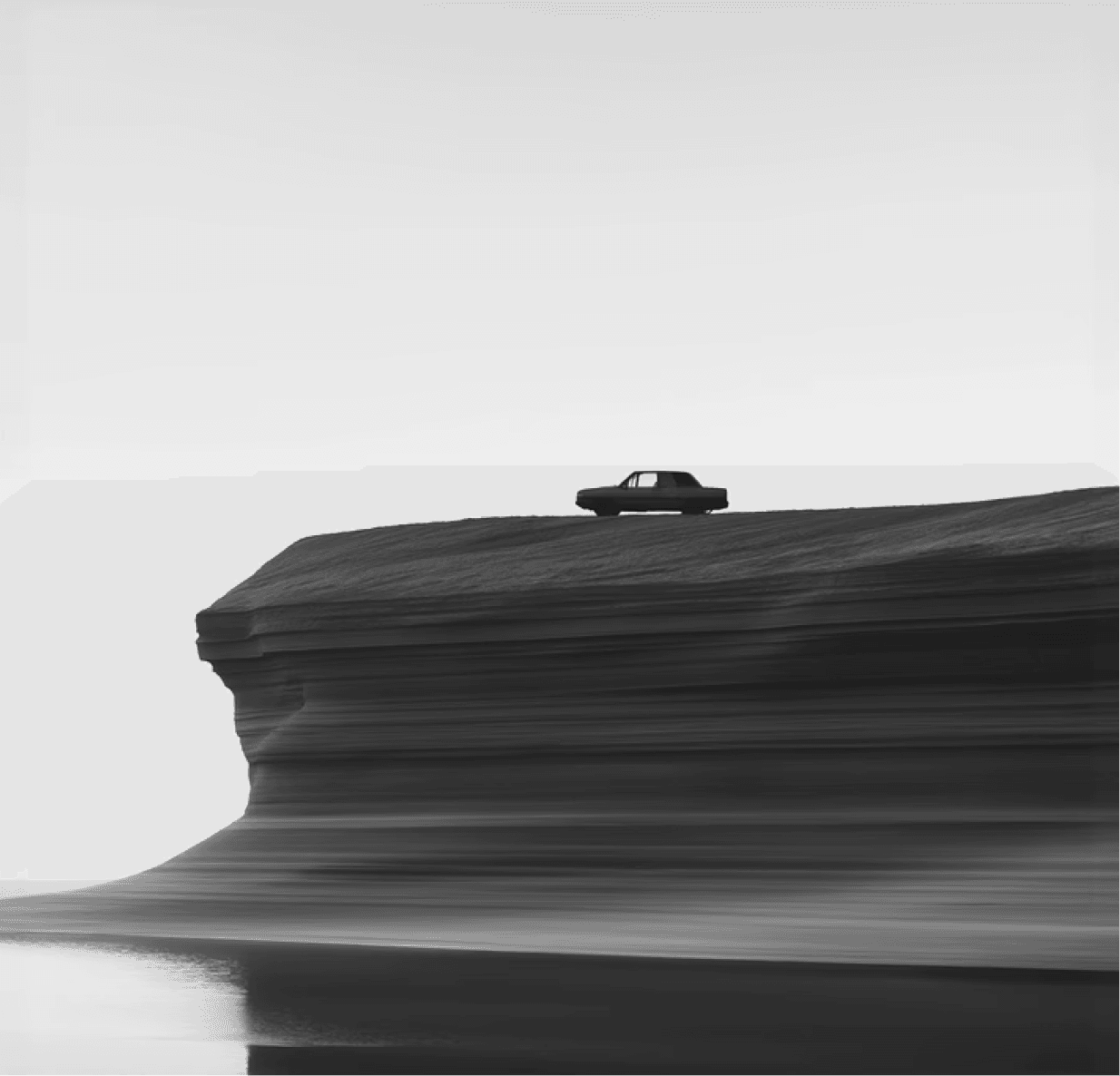  A black and white photo of a car parked on the edge of a cliff, overlooking a vast landscape below.