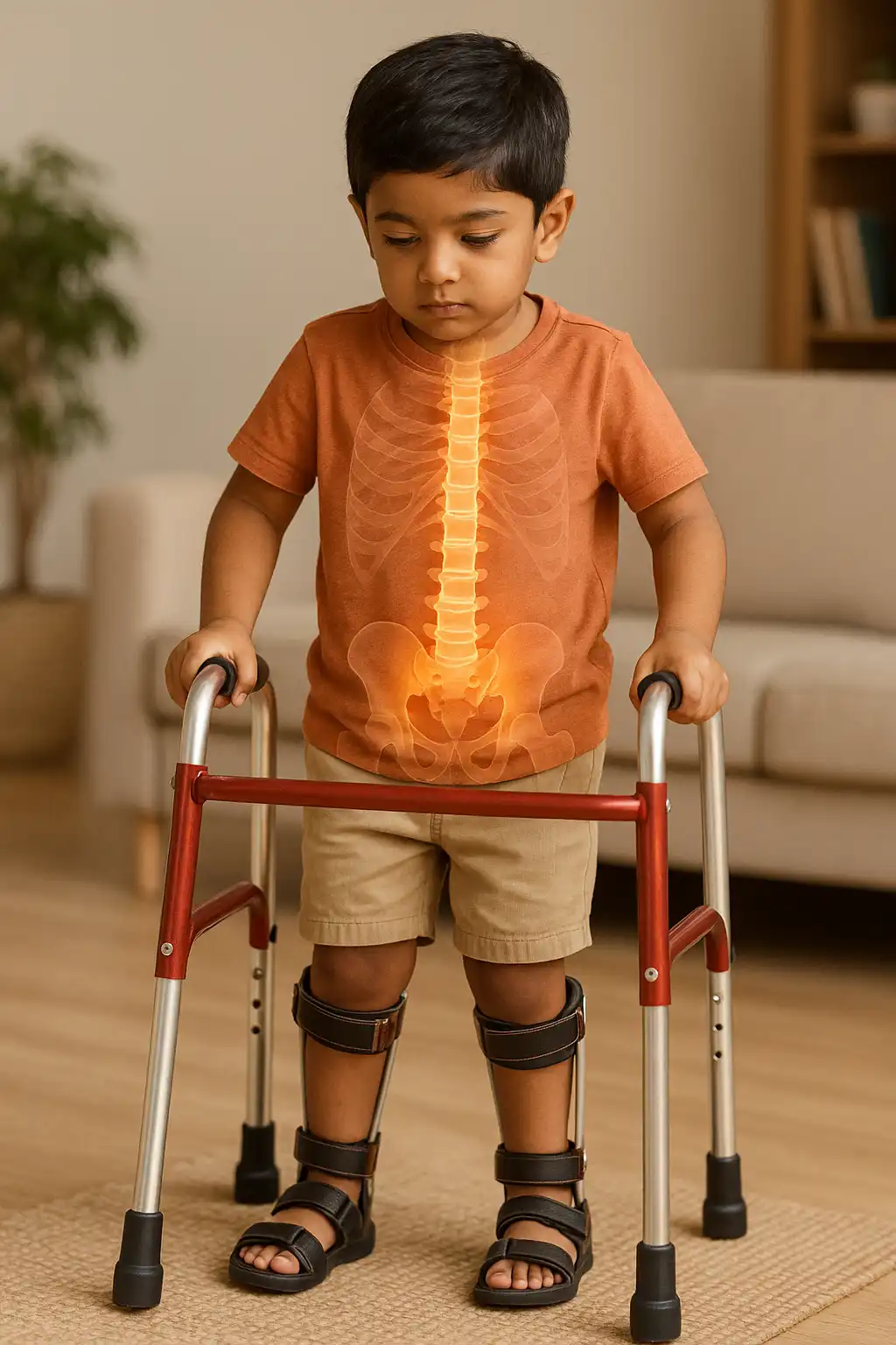 A young child using a walker and leg braces, with an illustrated spine overlay highlighting lower spinal abnormalities associated with spina bifida.