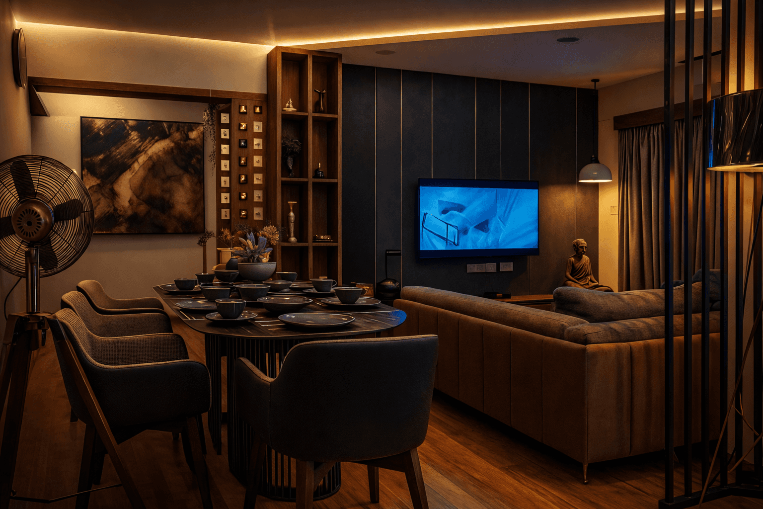 A modern, glass-walled house with warm interior lighting is perched on a rocky cliff overlooking a calm sea at sunset, under a clear blue sky.